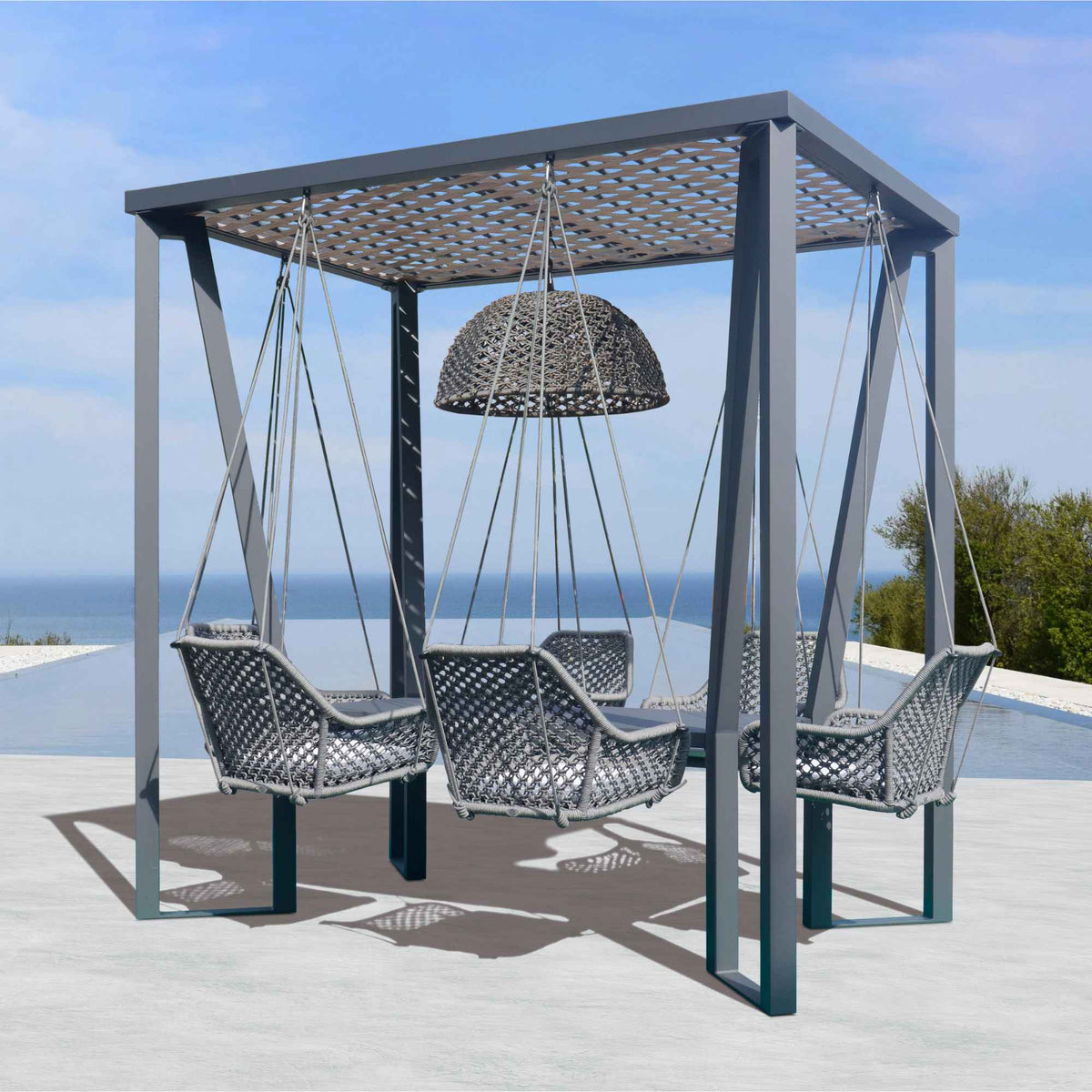 Horizon 8FT Pergola with Lamp, Moma Hanging Chairs & Aluminum Table