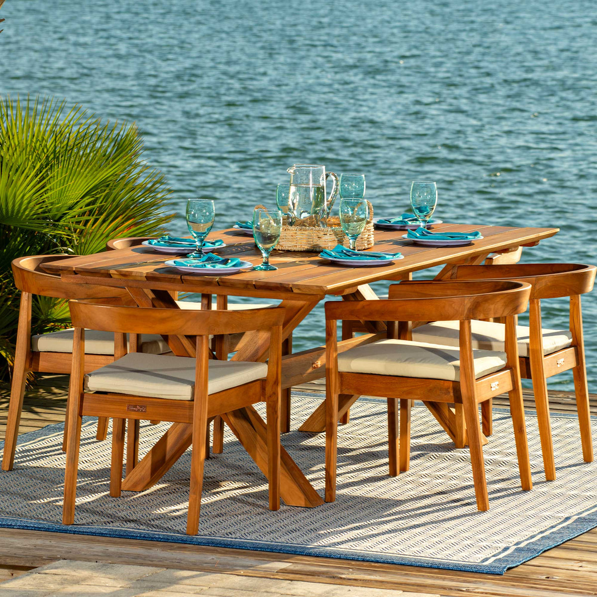 Panama Jack Bali Teak 7-Piece Rectangular Dining Table with Cushions