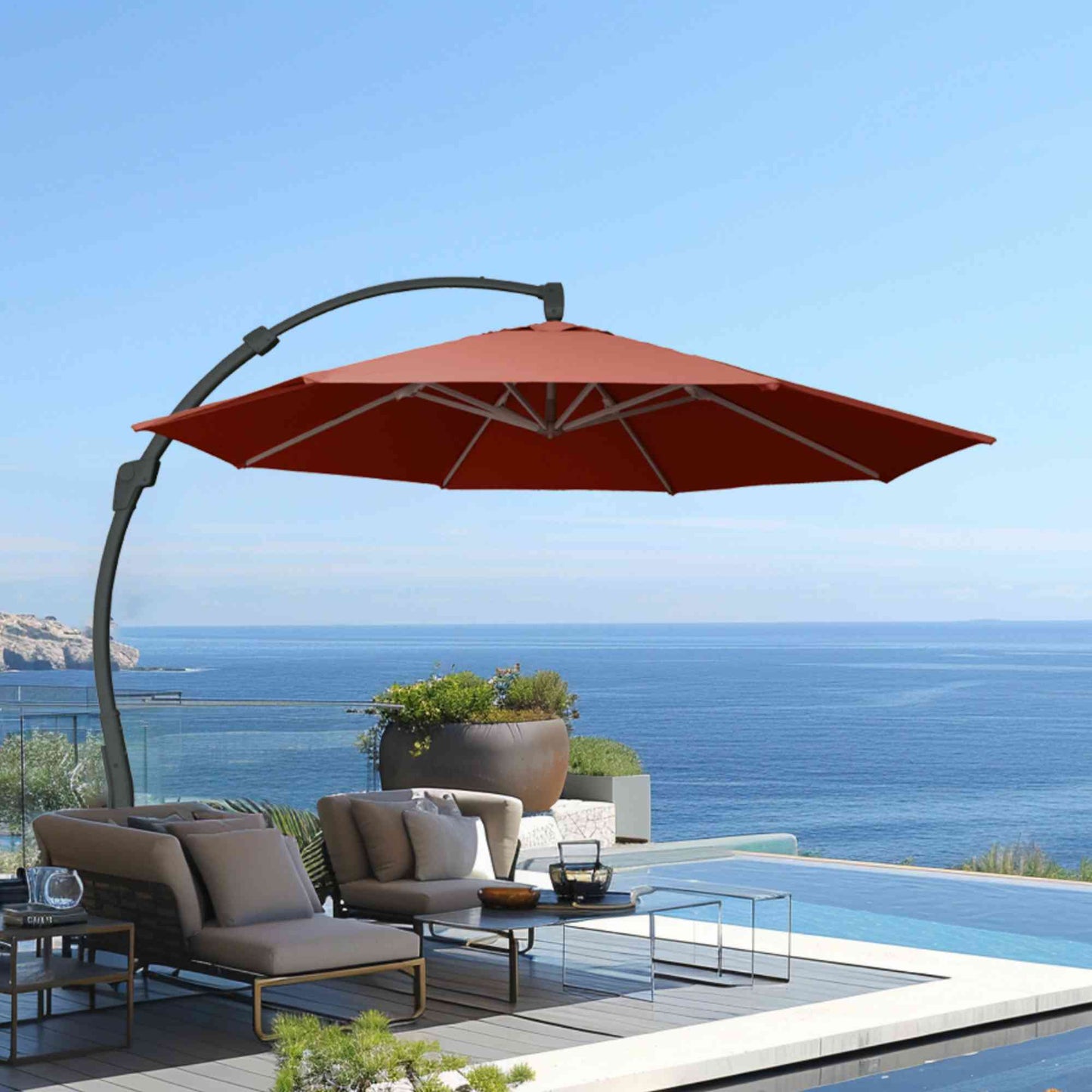 Panama Jack 11.5 Ft Cantilever Sunbrella Terracotta 360 Umbrella w/Movable Base